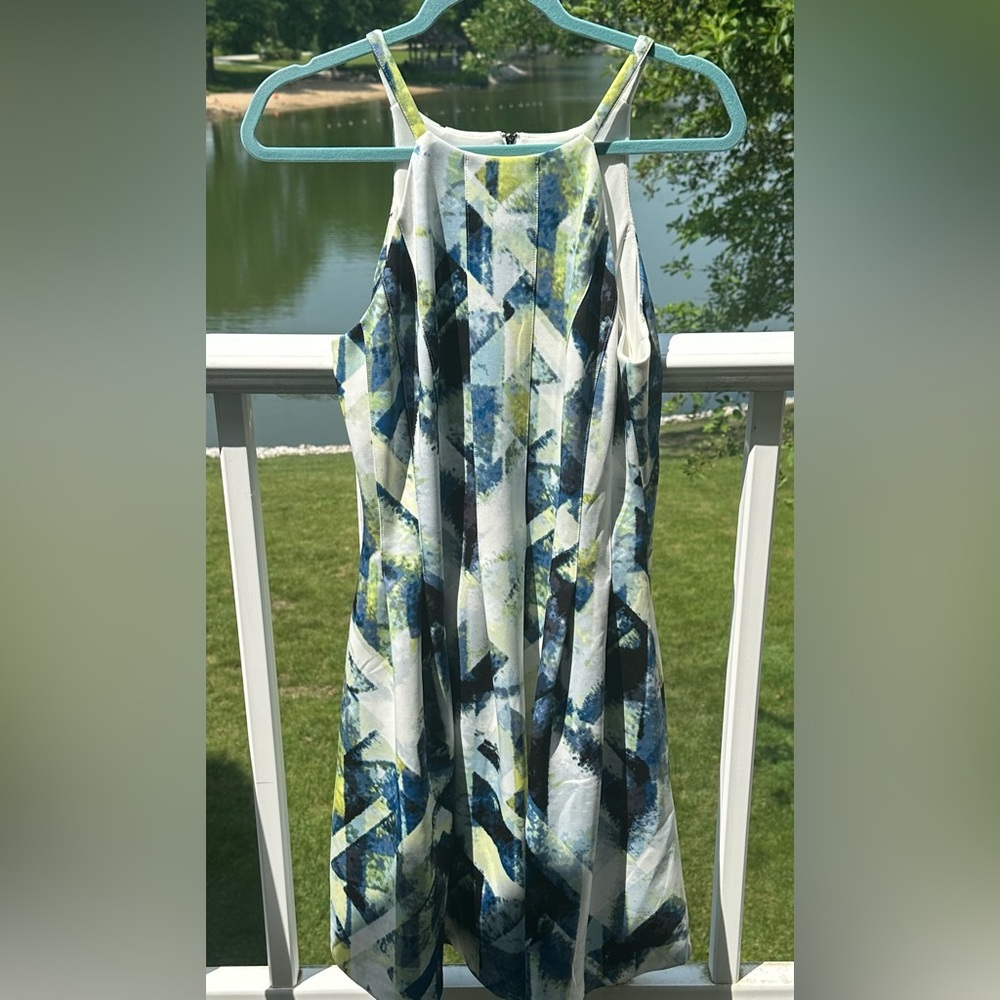 Vince Camuto Cream, Blue, Green Abstract Patterned Dress with Pockets